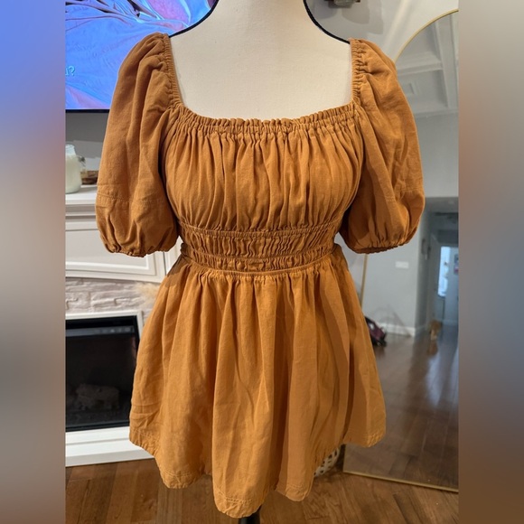 Elegant Puff Sleeve Blouse or mini dress  in Warm Ochre - Picture 1 of 8